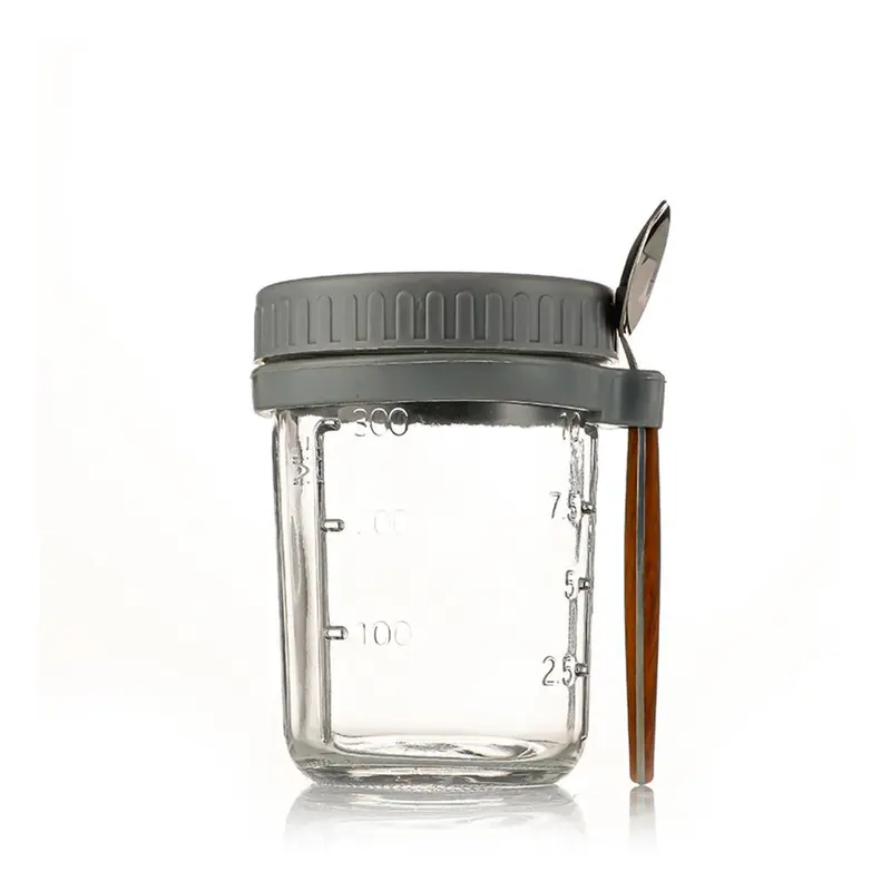 Portable Overnight Oats Jar With Lid 350ml Glass Mason Jar Oatmeal Container With Measurement Mark For Cereal, 1 Count Milk, Vegetable And Fruit Salad 0