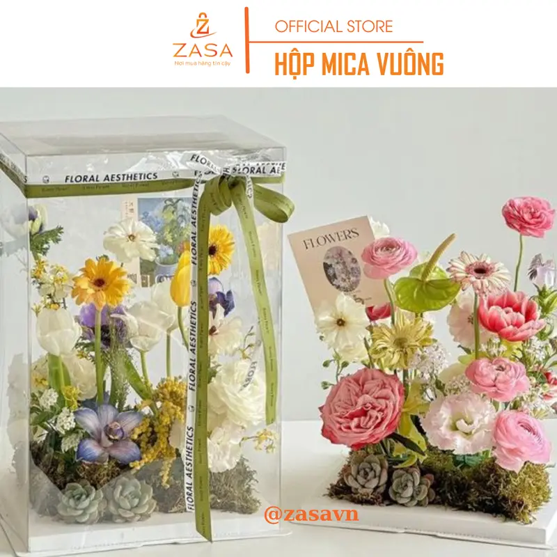 Hộp Mica Vuông Trong Suốt Đa Năng - Hộp Đựng Bánh Kem, Hoa, Trái Cây Và Quà Tặng - Zasavn (Kèm Ruy Băng) 5