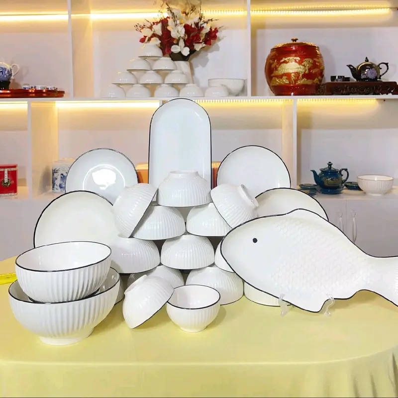 Bộ Bát Đĩa Trắng Kẻ Đen Cao Cấp 22 Chi Tiết Đã bao gồm tặng 2 Bát  Và  Đĩa Hình Con Cá Mới 0
