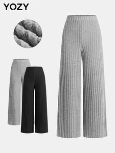 YOZY Women's Solid Ribbed Elastic Waist Wide Leg Pants, Casual Comfy Trousers for Spring & Fall, Women's Bottoms for Daily Wear