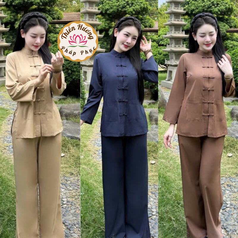 Pháp phục đi chùa cổ trụ dài tay lụa nhuyễn Đồ lam truyền thống khuy tết Bộ đồ đi lễ lụa mềm lịch sự