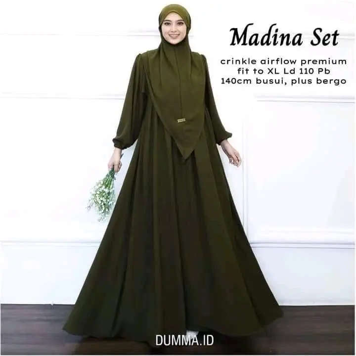 (FREE HIJAB) Medina Set Crincle Airflow - Gamis  Syar'i Busui Lengen Frendly 1