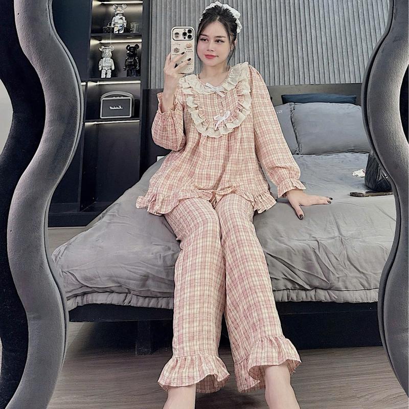 Set Bộ Đồ Nữ BabyDoll Phối Ren Bèo Cổ Yêm Đính Nơ Tiểu Thư, Bộ Quần Áo Dài Tay Mặc Ở Nhà Thiết Kế Thu Đông - K66 Women 2
