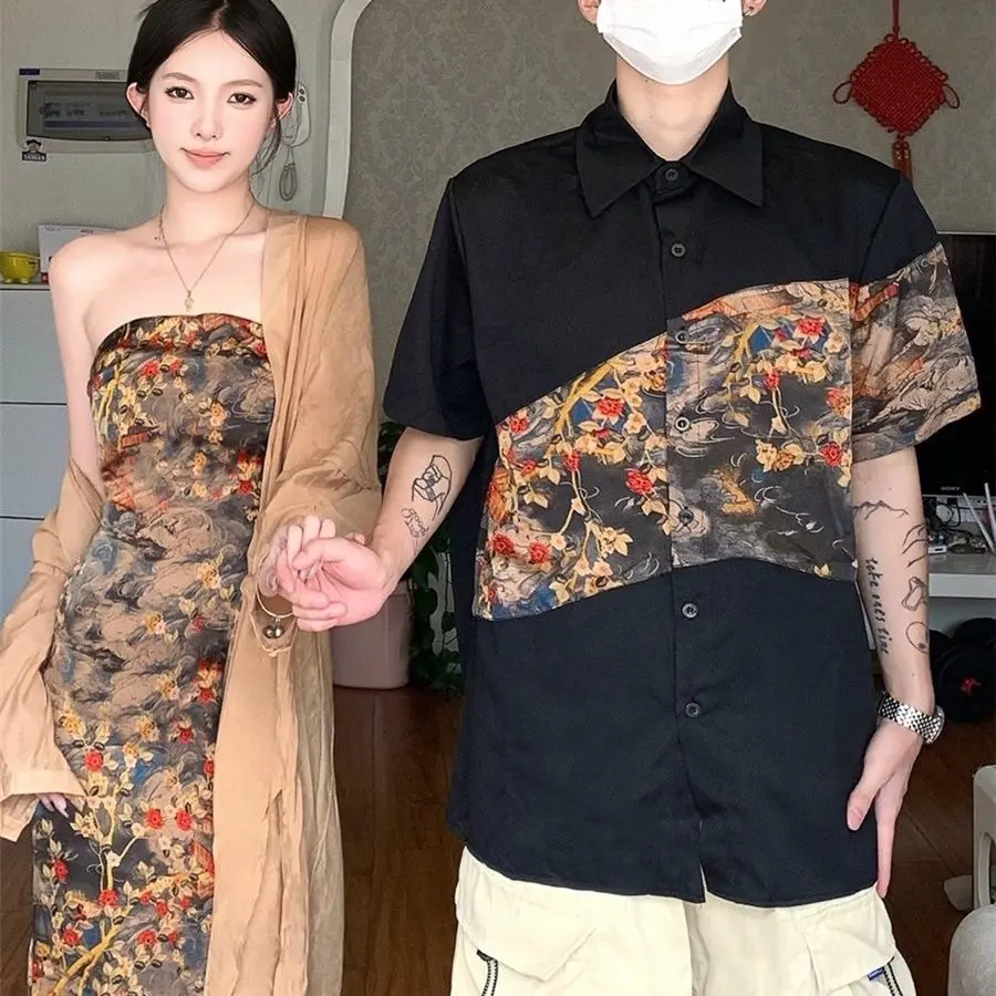 Váy Đôi, Phong Cách Trung Quốc Cổ Điển Độc Đáo Dáng Rộng Vừa Vặn, Thiết Kế Hoa, Váy Dài, Thời Trang Thanh Lịch, Áo Sơ Mi Chắp Vá, Dành Cho Nam Giới, Người Nổi Tiếng Trên Internet Kiểu Pháp
