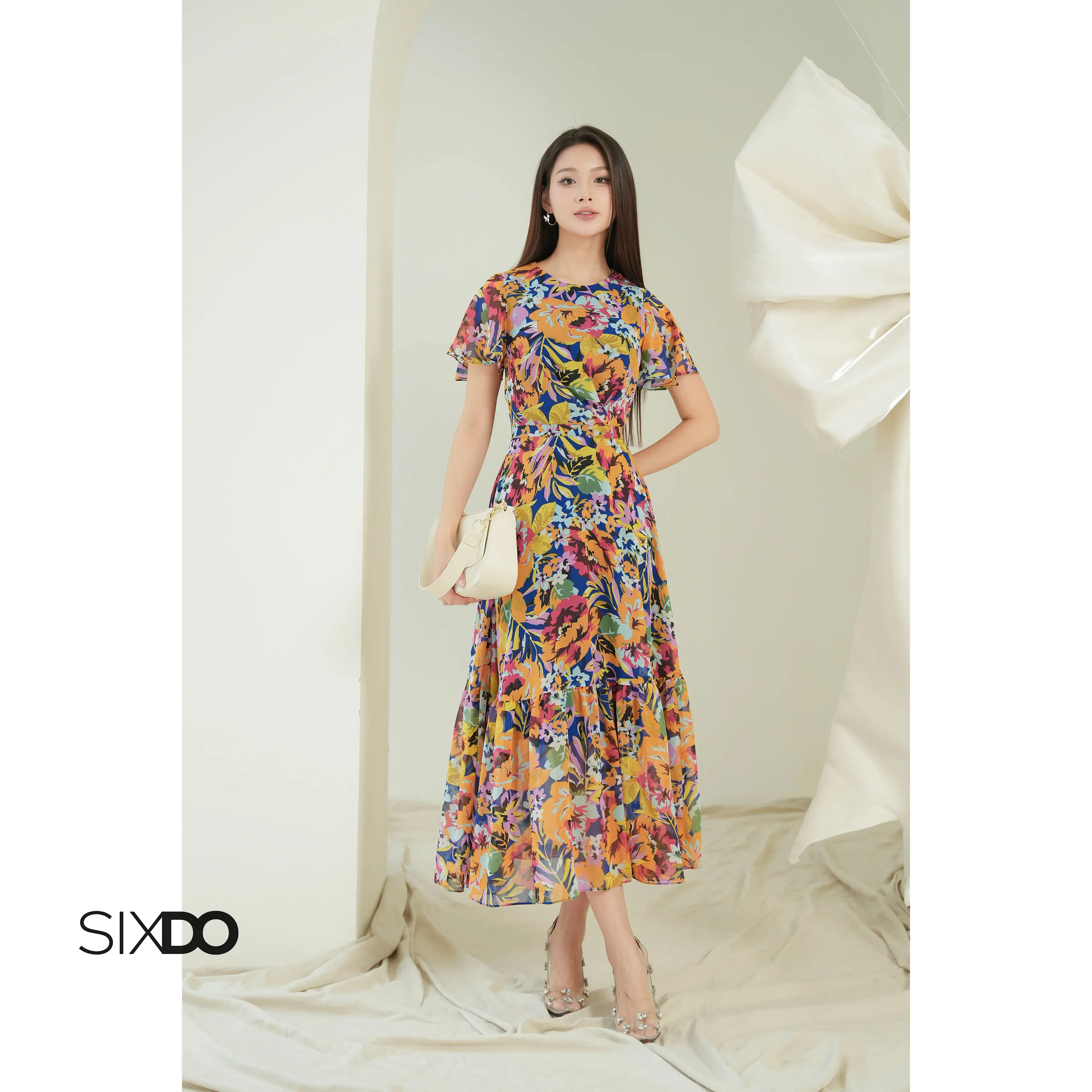[HN]Đầm  tơ xòe họa tiết hoa cổ tròn SIXDO (Multicolor Chiffon Flared Dress)