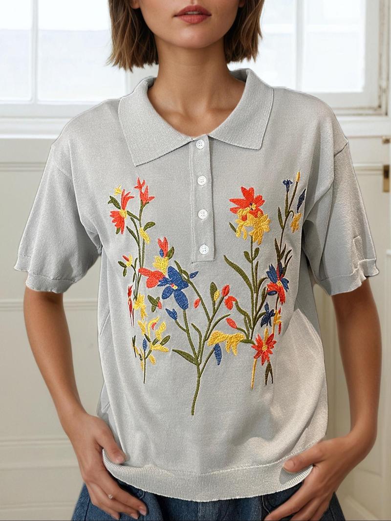 Product Introduction of Women's Floral Embroidery Curved Hem Short Sleeve Tee, Elegant Casual Crew Neck T-shirt for Summer, Fashion Women's Top for Daily Wear 4