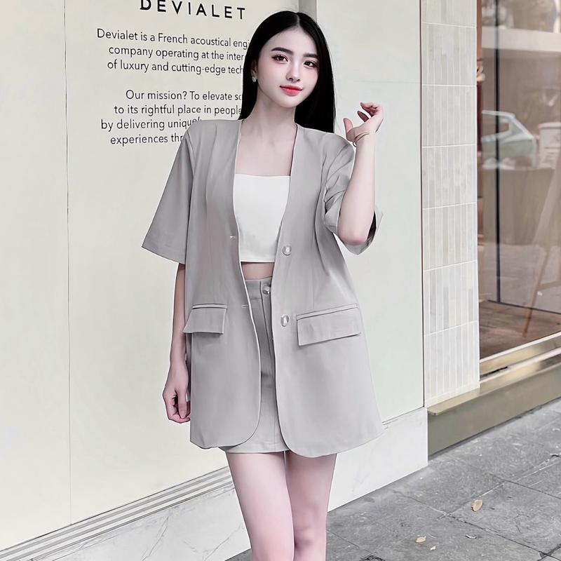 Set Vest Blazer Ngắn tay cổ tròn gồm Áo vest và Chân váy Tặng kèm Áo quây set  botieuthu set  thom