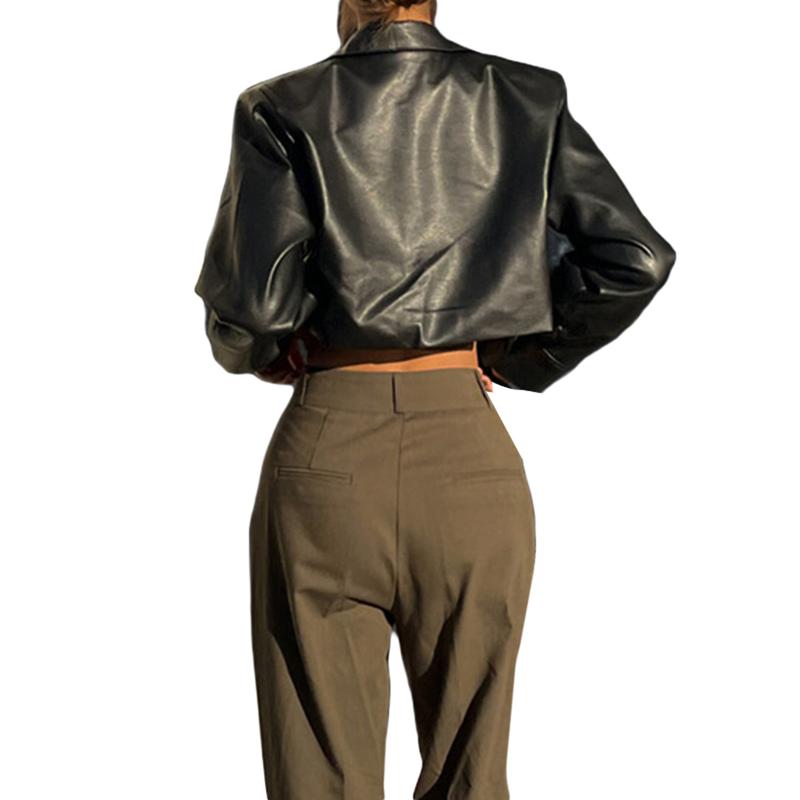 Women Crop Leather Jacket Solid Color Casual Long Sleeve Button Down Jacket Fall Outwear 5