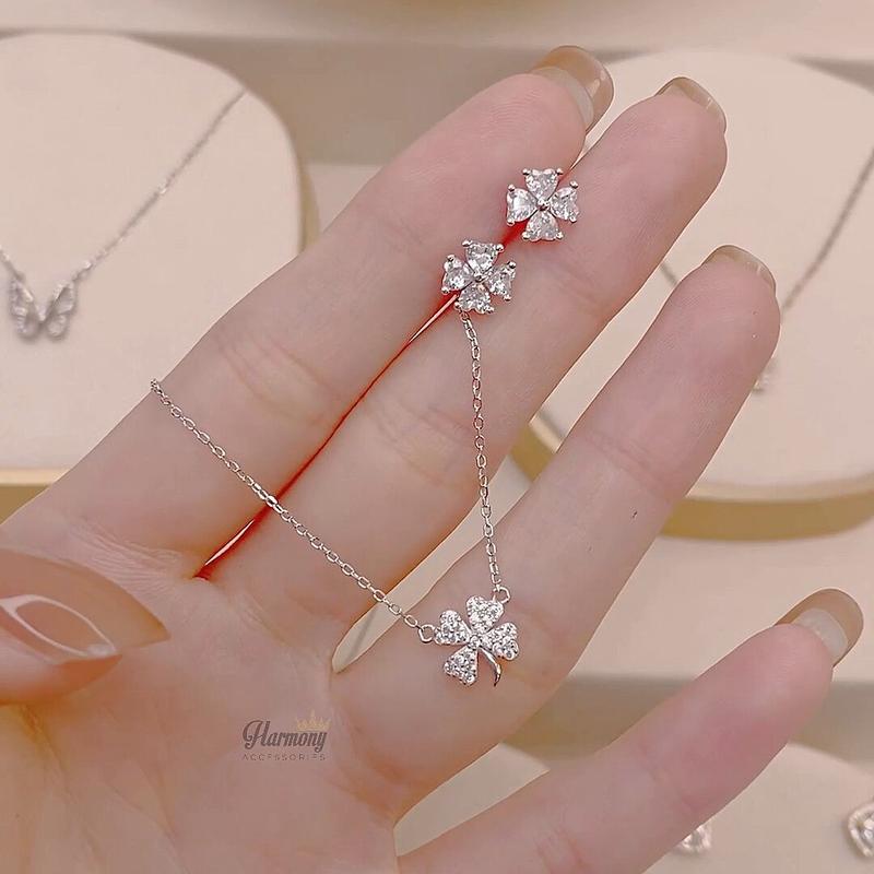 Set bộ trang sức dây chuyền và khuyên tai combo hình cỏ 4 lá đính đá | TRANG SỨC BẠC HARMONY VC121 + K304