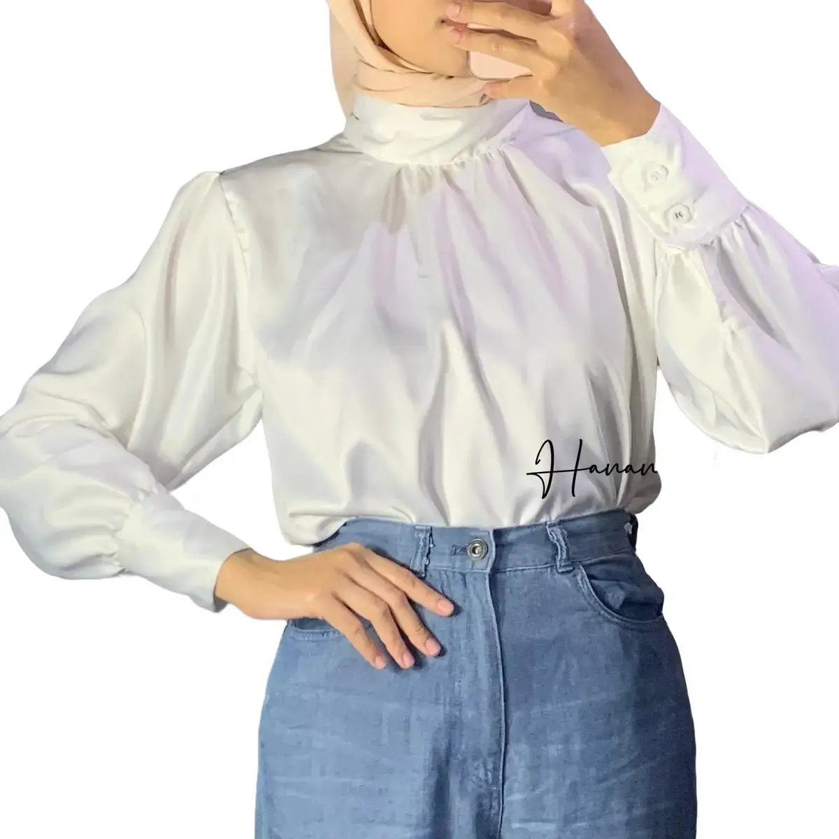BAJU BLOUSE MAXMARA SATIN LENGAN BALON TURTLENECK / ATASAN SATIN / BLOUSE SATIN / ATASAN TURTLENECK Kancing Kerah
