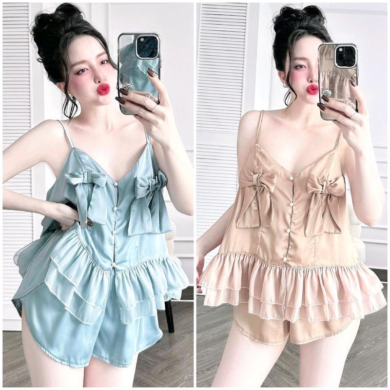  Đồ ngủ pyjama nữ mặc nhà Mẫu 2 dây quần đùi Bộ lụa Latin viền Voan Tơ Mịn Mát Kem Voi Thun Women Áo Đỏ rose  đồ pijama 