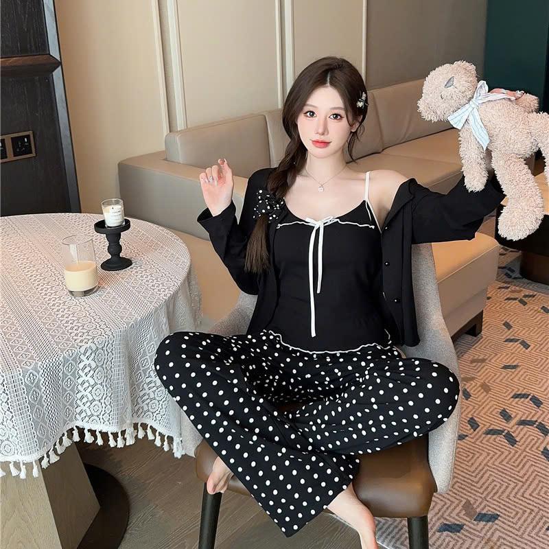  Bộ 3 Món Áo 2 Dây & Áo Khoát Tay Dài Quần Suông In - Tăm Lạnh S678 Nữ Kem Top Đen Nhung 