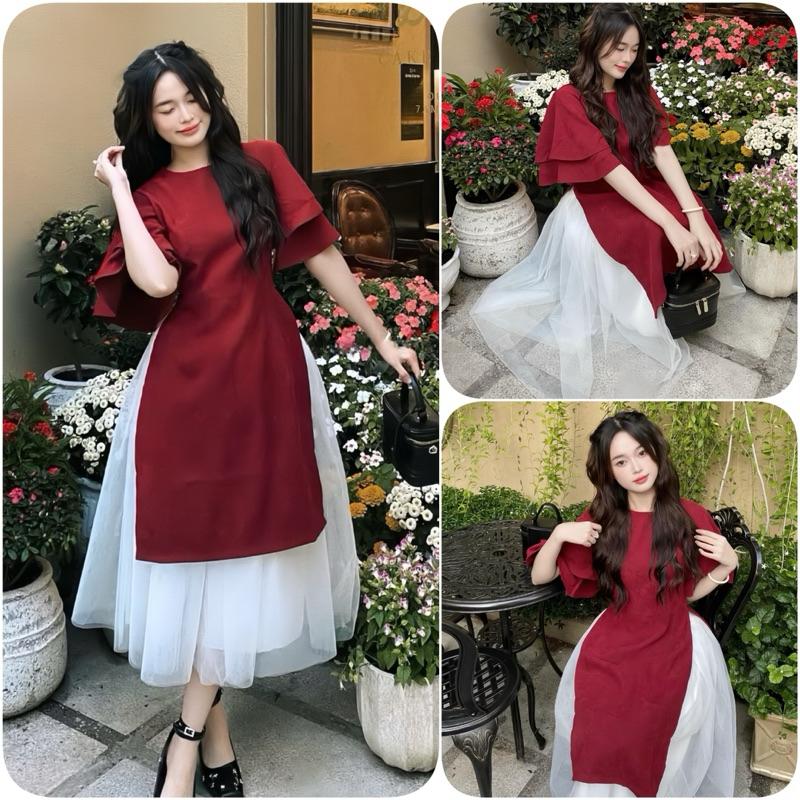 Sét Áo Dài Cách Tân Nhung Tăm Mặc Tết 2025 Gồm Áo Dài Nhung Tay Xoè + Chân Váy Xoè Dài Nữ Women Dress Đỏtop 2025top 0