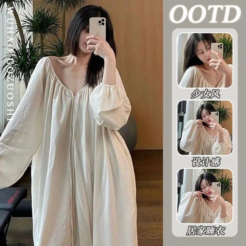 Váy Ngủ Dài Tay, Phong Cách Hoàng Gia Pháp, Dành Cho Nữ, Thiết Kế Độc Đáo Lười Biếng, Dễ Thương Và Gợi Cảm, Dáng Rộng Vừa Vặn, Váy Ngủ Mới, Có Thể Mặc Ngoài Trời 0