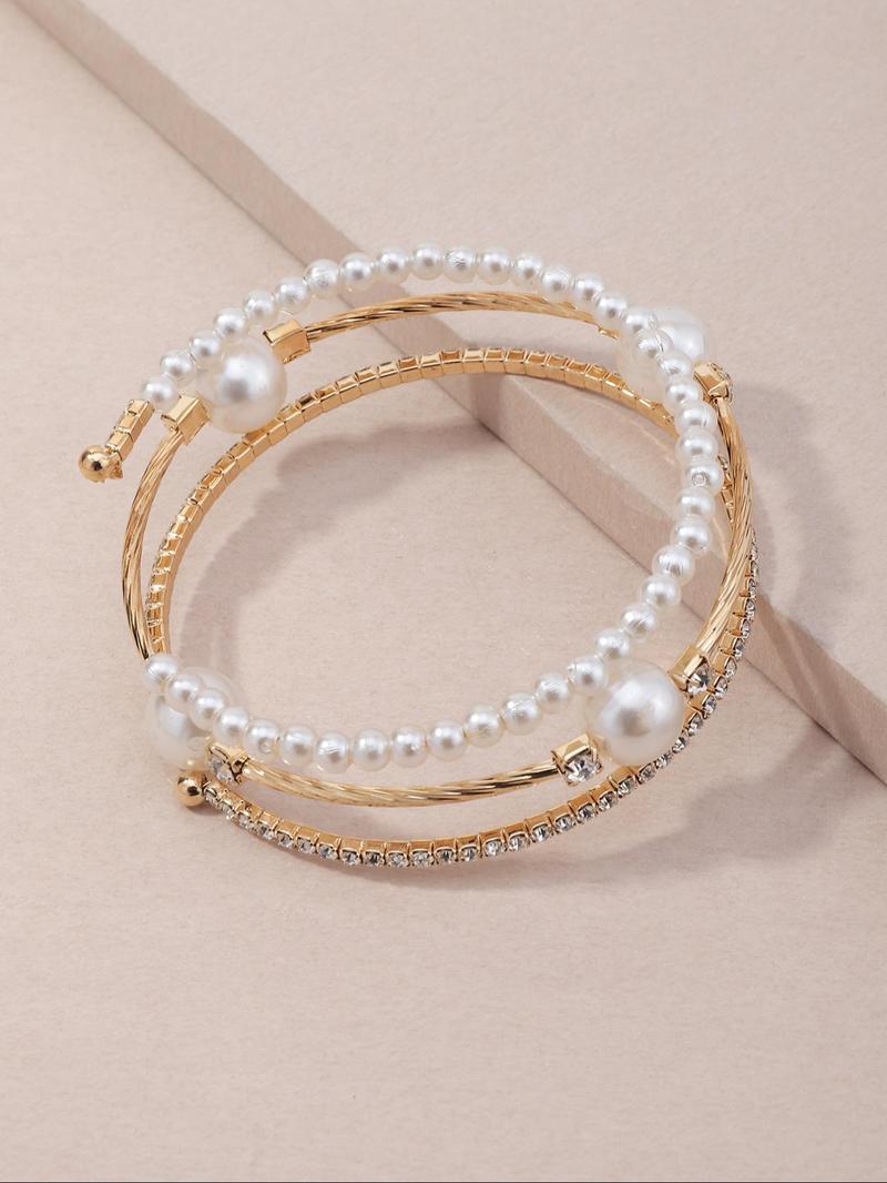 Product Introduction of Girl's Plain Rhinestones Faux Pearls Bangle, Fashion Jewelry for Party, Daily Decor, Trendy All-match & Exquisite Jewelry for Birthday Gift 6