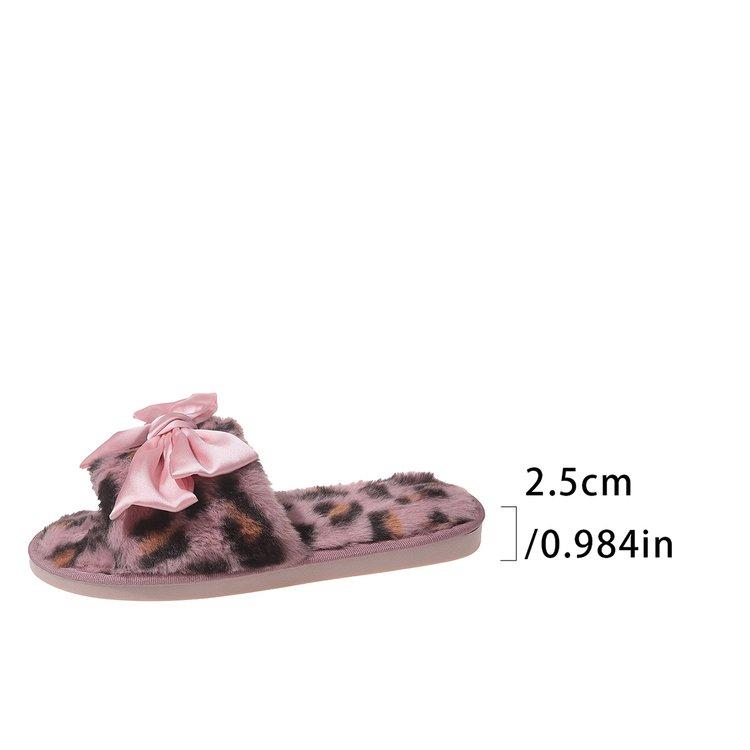 Product Introduction of Fluffy Leopard Bowknot Slippers Women's Autumn and Winter Flat Home Floor Slippers Open Toe Cotton Slippers Women's Flat-Heeled Slippers Rubber Suede 9