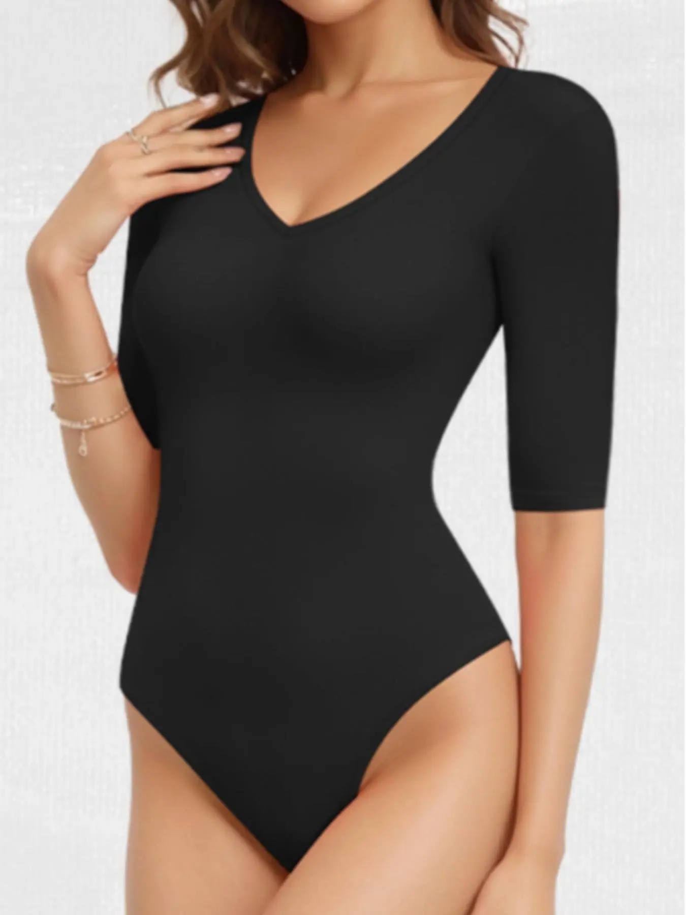 Women's Plain V Neck Half Sleeve Bodysuit, Casual Solid Color Tight-fitting Bodysuit for Daily Wear, Ladies Clothes for All Seasons