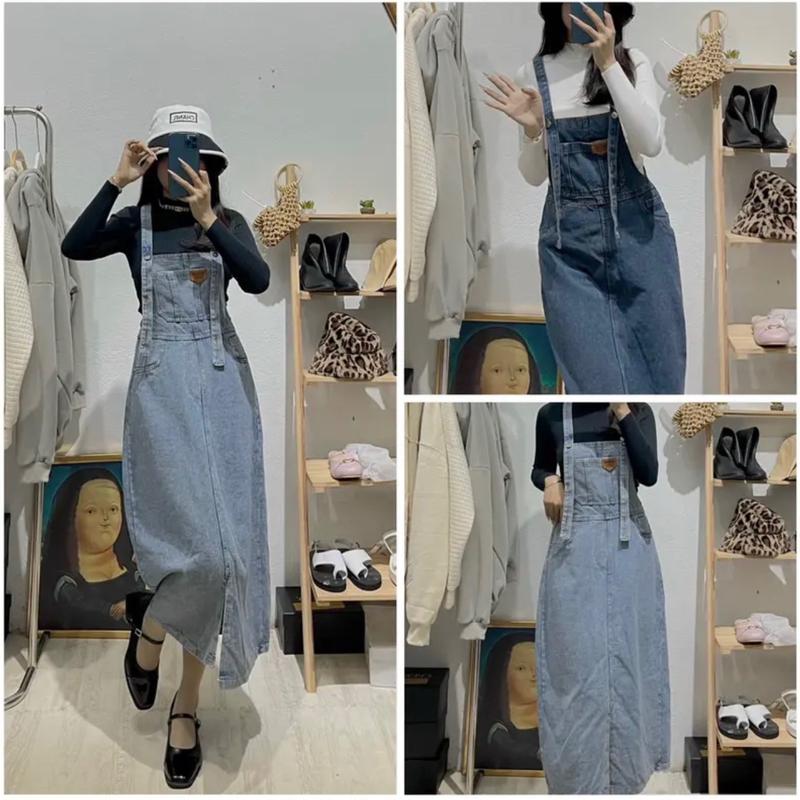 Yếm váy jean dáng dài phom xuông xẻ trước phối mác phong cách năng động