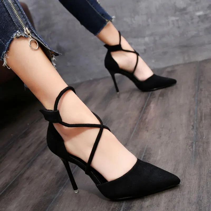Thin and sexy pointed high-heeled for women in the spring of 2024, new French style girl cross strap color matching temperament single shoes