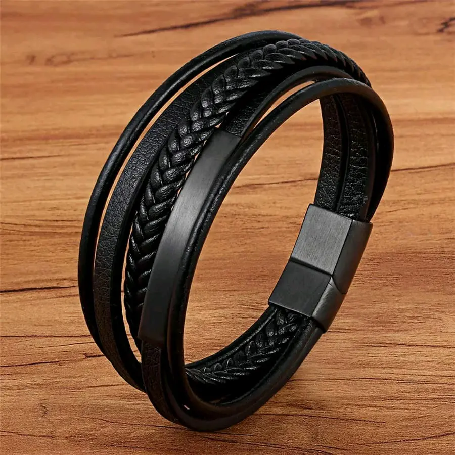Gelang Kulit Pria Model Klasik Ukuran Besar Stainless Steel Hitam Emas Silver Bracelets