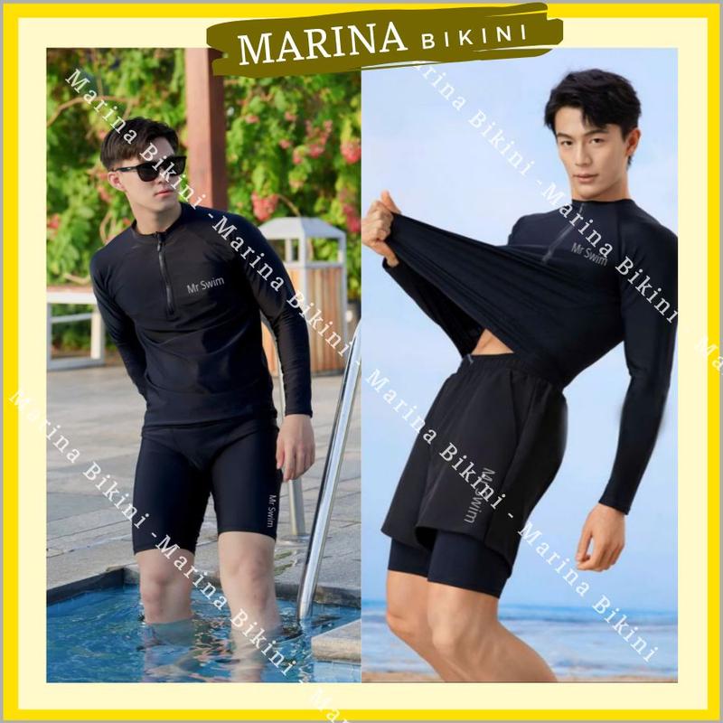 Đồ bơi nam Full màu Đen áo Tay Dài quần đùi bên trong có lớp vải lót khóa zíp kéo màu đen kín đáo đi biển phong cách năng động Marina042