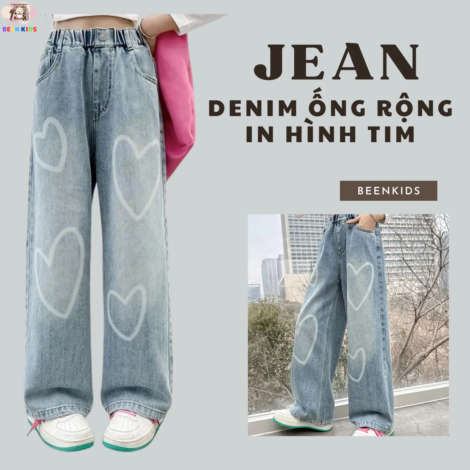 (BEEN.KIDS 23) Quần denim ống rộng, in hình trái tim xinh yêu cho bé gái size từ 17-48kg