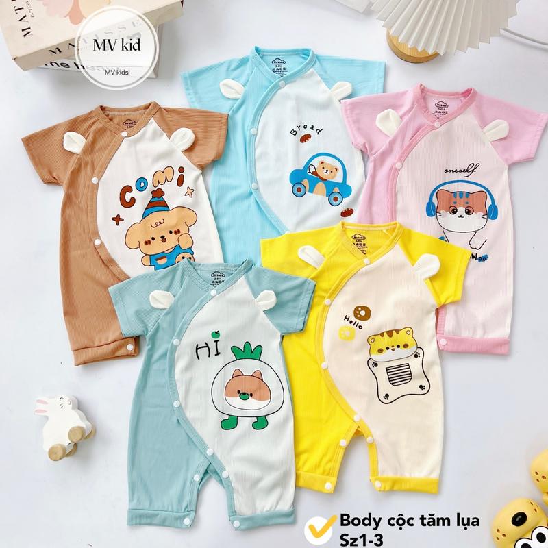 MV03 Combo 3-5 Bộ Body Cộc Tay Áo Liền Quần Vải Tăm Lụa Mềm Mại Cho Bé Sơ Sinh 3-9kg - Tặng Vòng Dâu Tằm