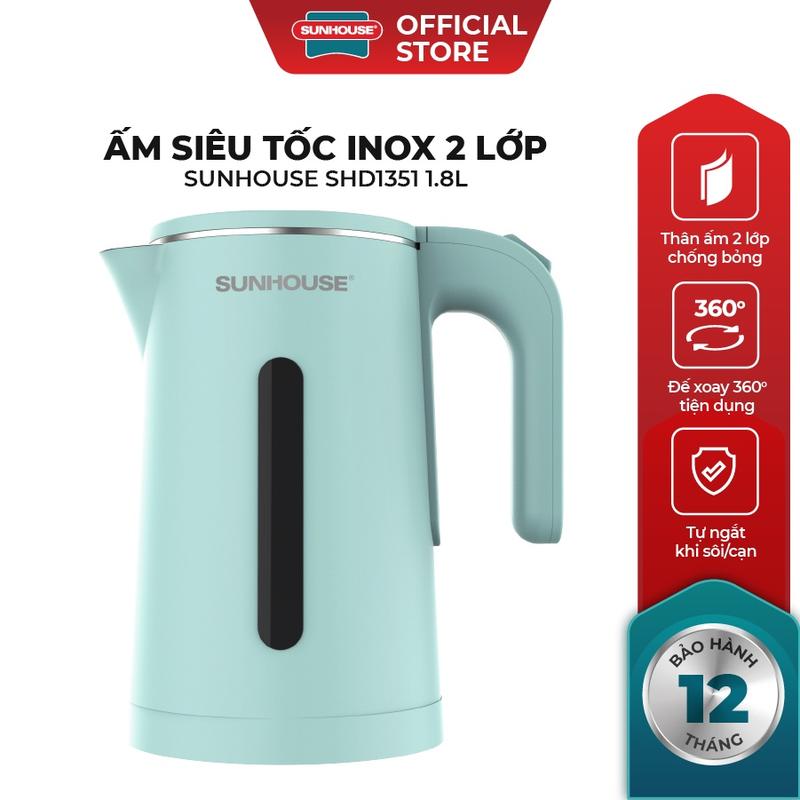 Ấm siêu tốc SUNHOUSE SHD1351 , inox 2 lớp 1.8L, công suất 1500W, thân chống…