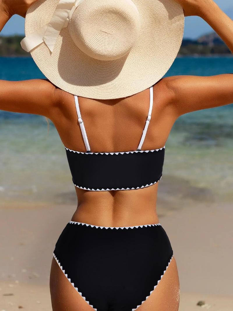 Product Introduction of Two-Piece Set Women's Plain Bikini Set, Casual Strapless Swim Top & High Waist Swim Bottom Two-piece Swimsuit for Beach Holiday Vacation, Ladies Swimwear for All Seasons 2