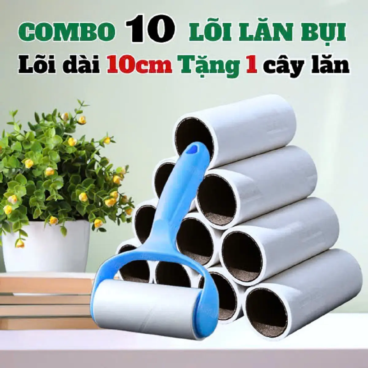 Cây lăn bụi COMBO 10 lõi keo TẶNG 1 cây lăn (màu ngẫu nhiên) dùng để phủi bụi quần áo ghế sofa chăn ga gối nệm giường ngủ lông thú cưng tiện ích