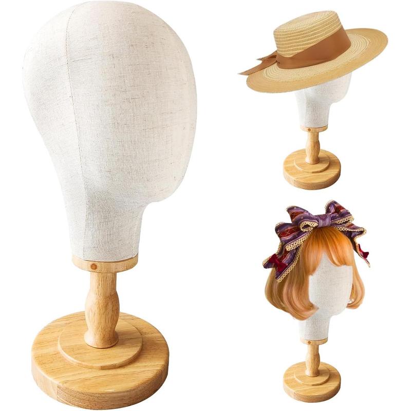 Local shipping- 21" Wig Head Stand, Mannequin Head Hat Display Stand Wig Holder Dome Canvas + Detachable Wood Stand, Canvas Block Mannequin Head Model Hat Rack Fabric Head 0