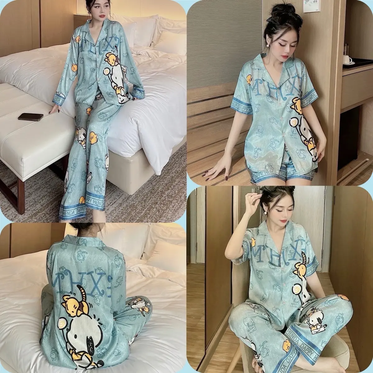 Bộ Lụa Xước Ánh Kim Hình Cute Xinh Xắn Màu Xanh Dịu Xinh Xắn Sang Chảnh Cho Nữ- Women Nữ Áo Quần Ngủ