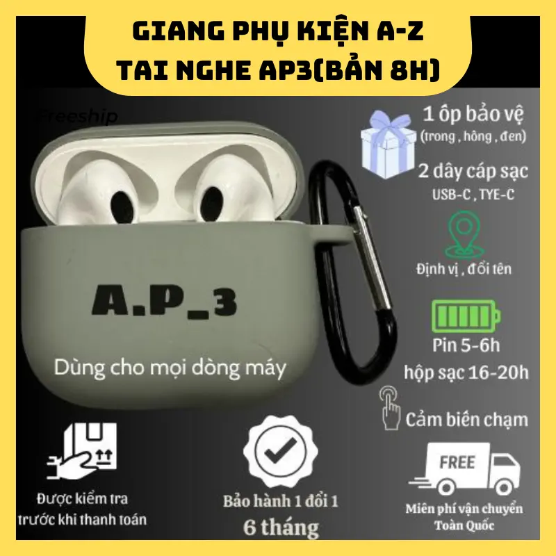 [TẶNG ỐP NGẪU NHIÊN] Tai nge Bluetooth AP3 bản 8H nghe nhạc chơi game liên tục 4-6h Full tính năng lỗi 1 đổi 1 bảo hành 6 tháng