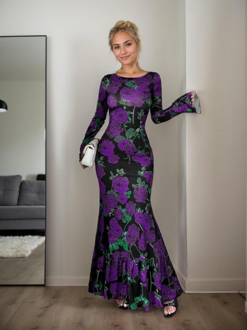 Product Introduction of Women's Floral Print Dress, Elegant Beautiful Long Sleeve Dress for Party Holiday Wedding Guest, Beautiful Gown, Ladies Spring & Fall Clothes 2