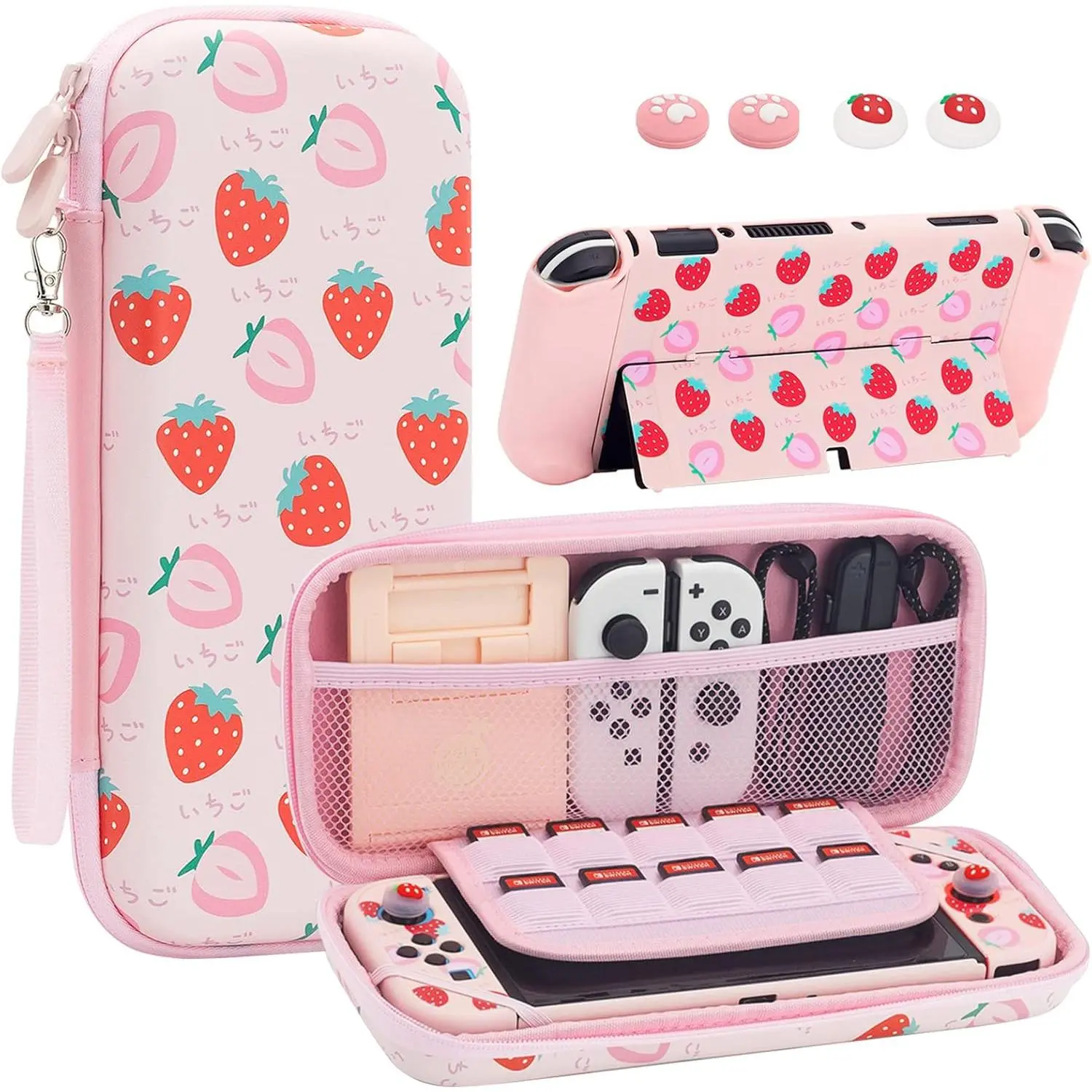 Large Switch Protective Case Compatible Switch OLED with Dockable Cover, Cute Travel Carry Case Bundle Bag Portable Protective Accessories Kit , Strawberry Pink
