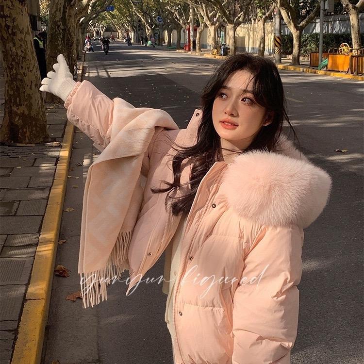 Áo phao lông vũ mũ lông bo chun Nữ Women Top Jacket