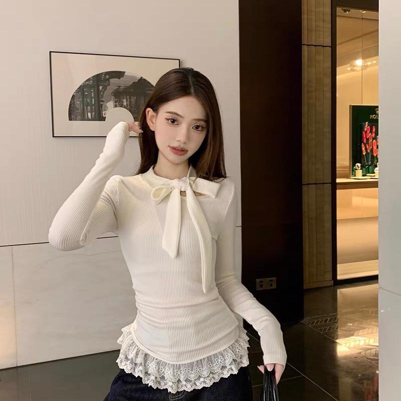 XẢ KHO Áo kiểu tay dài phối ren thắt nơ tiểu thư siêu dễ thương cho nữ