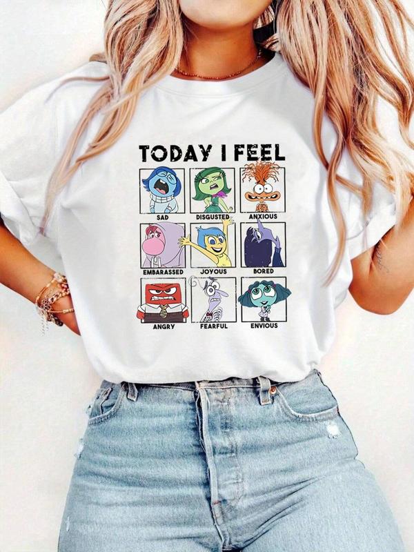 Cartoon Pattern Round Neck Graphic Tee, Casual Letter Print Short Sleeve T-shirt for Summer, Women's Top for Daily Wear 0