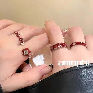 amophi Cincin ceri bunga merah cincin jari serbaguna kelas atas antik putih retro untuk wanita C581