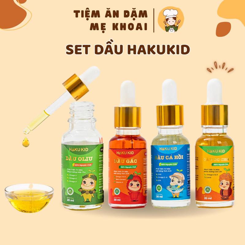 Set Dầu Ăn Dặm Hakukid cho bé 6 tháng tuổi, dầu óc chó, dầu cá hồi bổ não, dầu gấc, dầu olive tăng đề kháng, vitamin, hệ miễn dịch và phát triển não bộ cho trẻ, tặng sổ tay ăn dặm