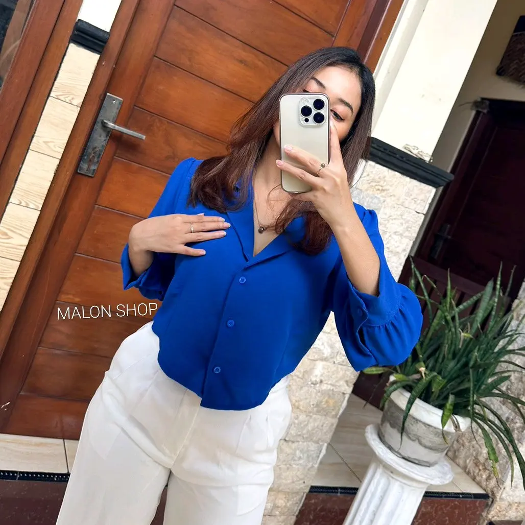 YONNA Kemeja Crop Lancip Crinkle Airflow Baju Atasan Wanita