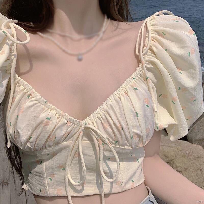 Áo Croptop Nữ Tachaastin Cổ tim. Phong Cách Tiểu Thư inHoa Nhí Đáng Yêu. Tay Bồng. Chất Vải Xốp Mềm Phối Dây Nơ Đáng Yêu. Bo Chun Toàn Bộ Phần Lưng. Nữ Women  Sơ Mi 7