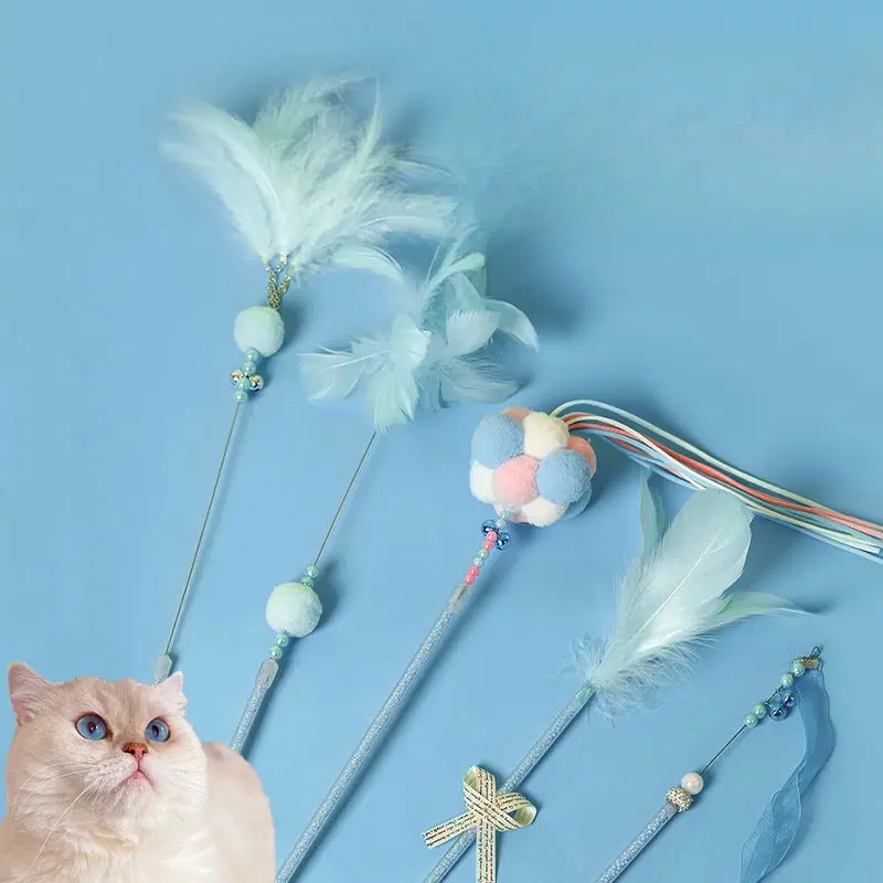 Durable Cat Teaser Wand, Bite-Resistant Cat Toy with Bell and Feather, Fairy-Style Self-Entertainment Toy for Cats