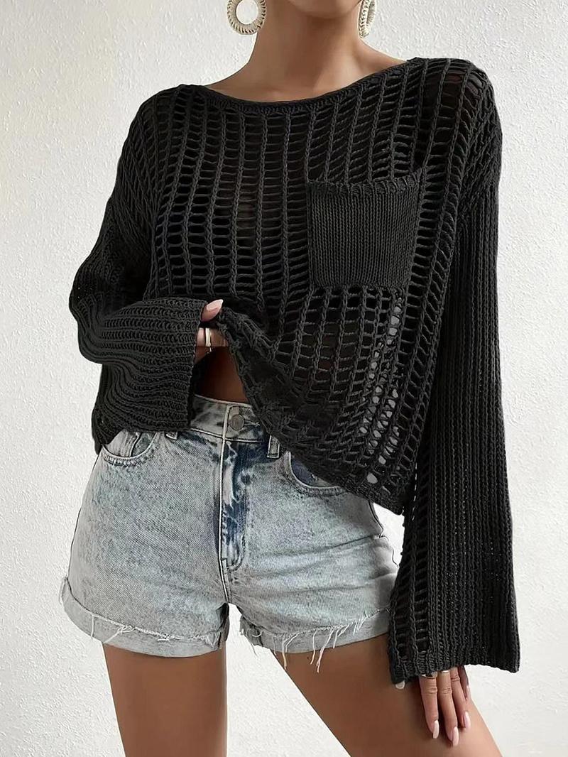 Product Introduction of Women's Plain Hollow Out Pocket Sheer Drop Shoulder Sweater, Casual Long Sleeve Crochet Jumper for Summer, Fashion Women's Knitwear for Daily Wear 5