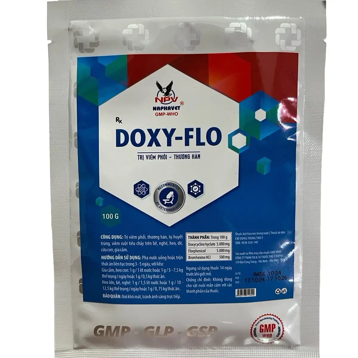 Gói bột Doxy-Flo (100g) dùng cho vật nuôi viêm phổi và thương hàn, tụ huyết trùng, CRD trên gà, vịt, cút, gia súc, gia cầm.