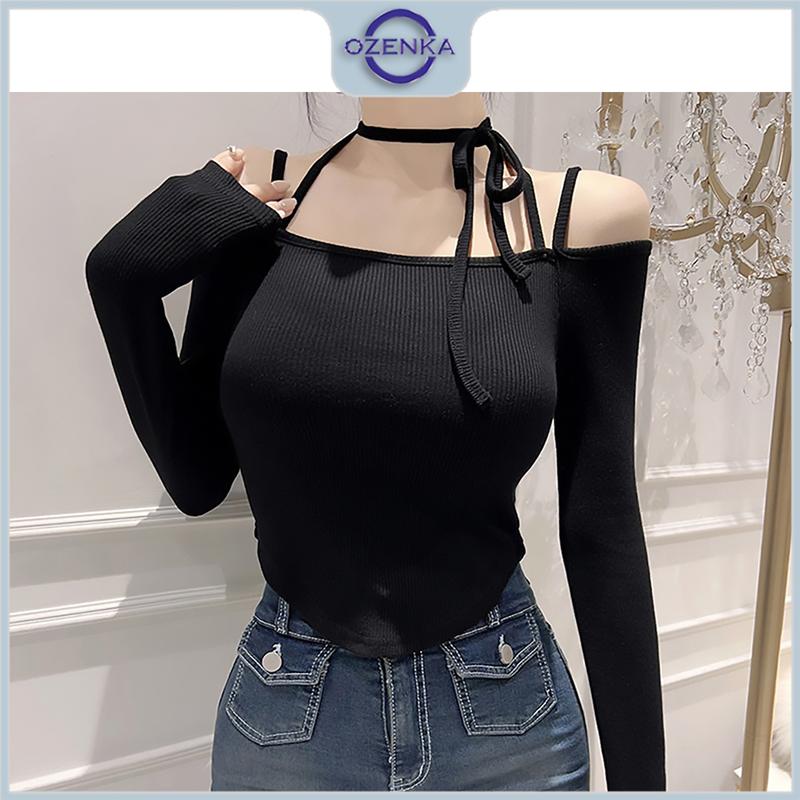 Áo croptop Ozenka trễ vai tay daì hai dây nữ , áo kiểu crt ôm body thun tăm lạnh màu trắng đen gợi cảm Jean Sơ Mi