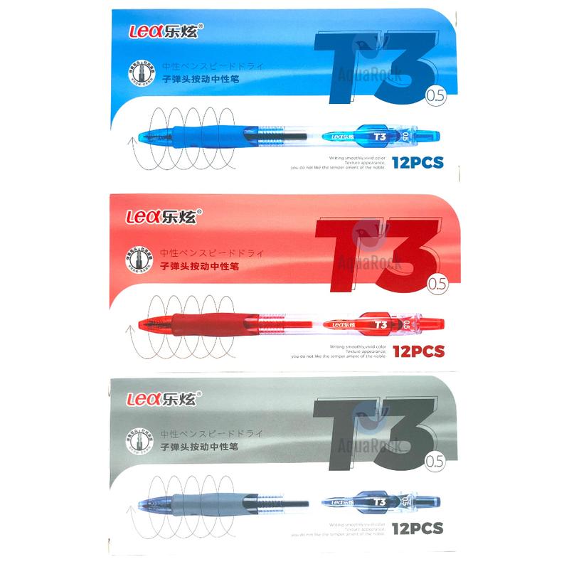 [T3] HỘP 12 Cây Bút Bi / Viết Bi Gel Nước Bấm LEX / LEA / KING T3 Ngòi 0.5mm, Có Nệm Cầm Viết, Viết Êm, Mực Đẹp (Mực Xanh, Đỏ, Đen)
