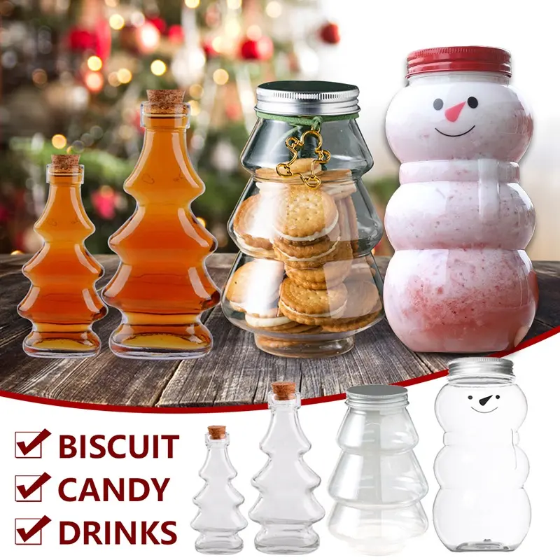Christmas Candy Cookie PET Packaging Sealed Bottle Transparent Christmas Tree Milk Tea Organizor Snack Storage