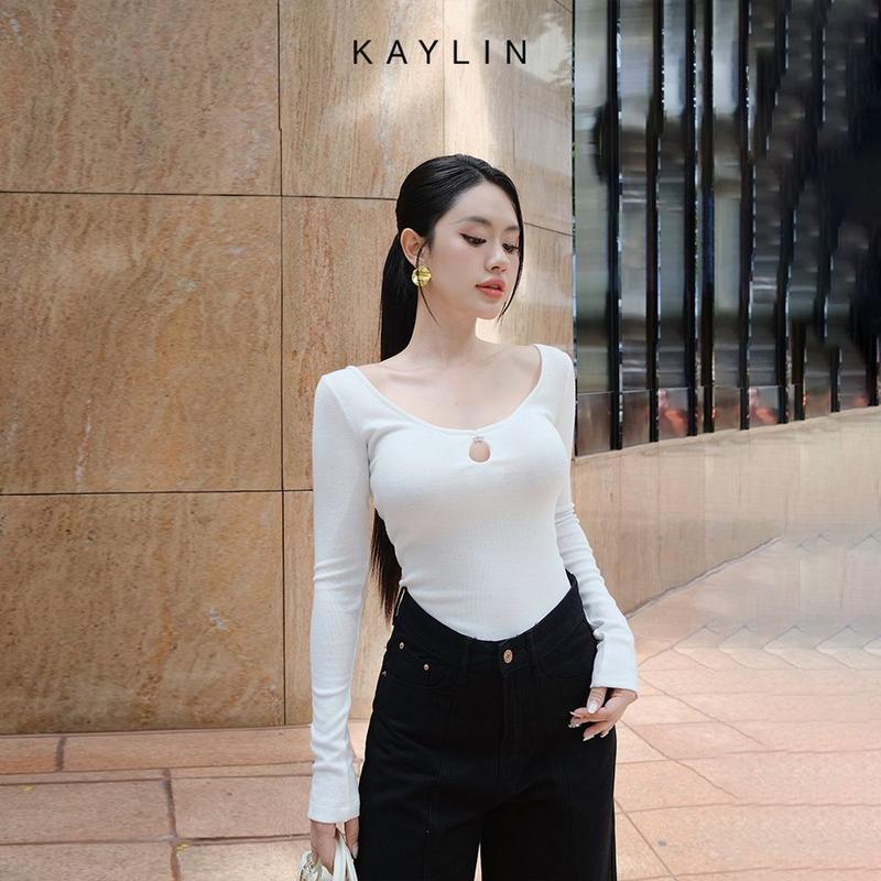 Áo thun len KAYLIN tay dài cổ tim phối khoen chất vải len dầy dặn ấm áp phong cách - N2373 Nữ Women Top