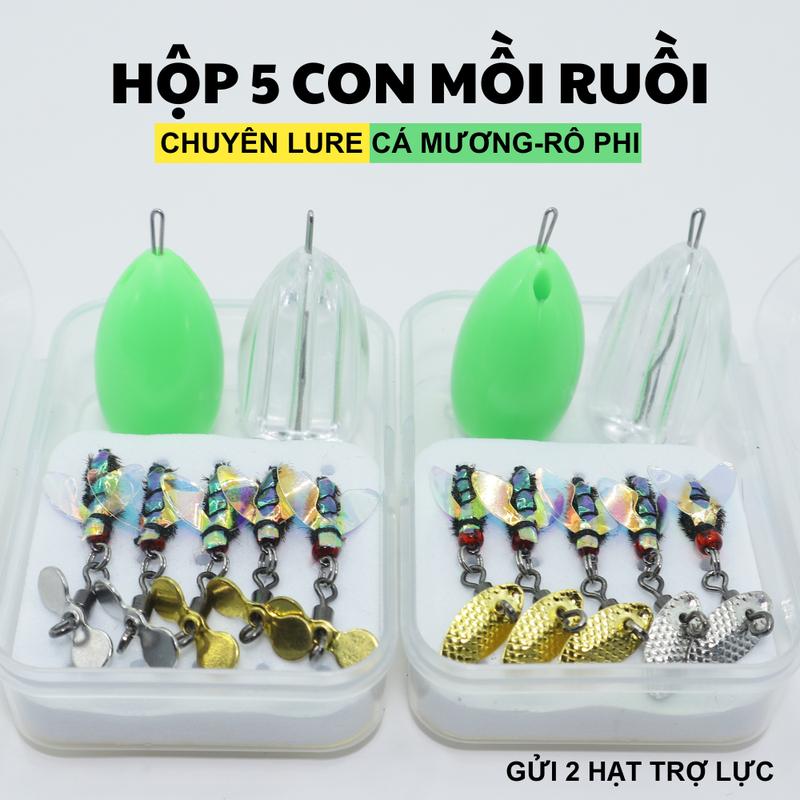 Hộp 5 Con Mồi Ruồi Giả Có Cánh Đi Câu Lure Cá Mương, Rô Phi, Mương Mỏ Nhọn, Thiểu, Ngão,...+ 2 Hạt Trợ Lực